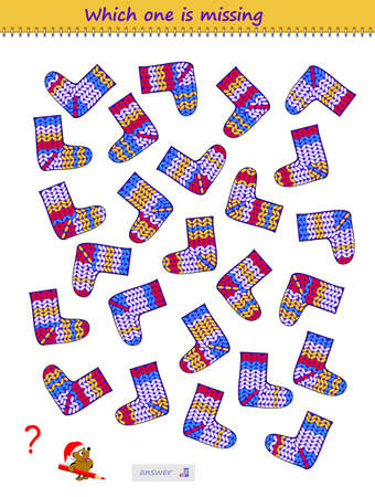 Logic puzzle game for children and adults. Find the pair for each sock. Which is the only one? Printable page for kids brain teaser book. IQ test. Play online. Memory training task for seniors.のイラスト素材