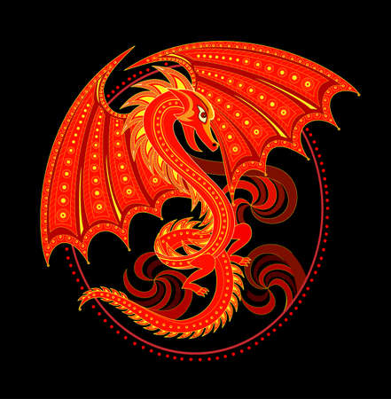 Illustration of fantastic red dragon. Symbol from ancient legend. Abstract background with oriental decoration. Fashionable print for fabric. Cover for kids fairy tale book. Flat vector.のイラスト素材