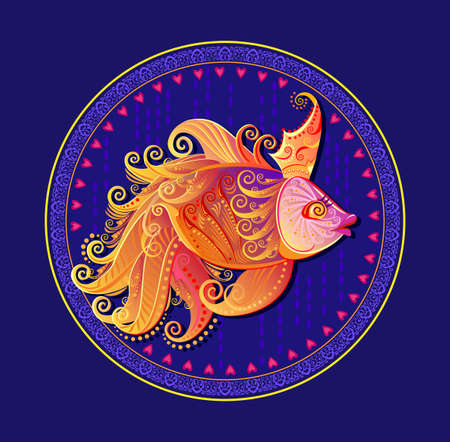 Illustration of fantastic goldfish. Cover for children fairy tale book. Round dish ornate with fairyland fish and underwater life. Modern decoration in eastern style. Printable cartoon vector.のイラスト素材