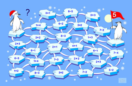 Math education for children. Logic puzzle game with maze for kids. Solve examples and help the penguin find the way to his friend. Move only between the blocks of ice with number 5. Play online.のイラスト素材