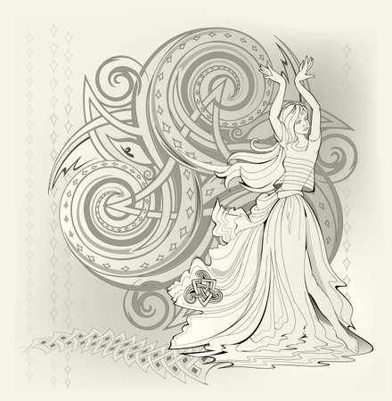 Fantasy illustration of dancing Celtic fairy and triple trickle spiral symbol. Abstract background with ethnic ornament. Ancient Gothic Western Europe decoration. Print for fabric, Mehndi, tattoo.のイラスト素材