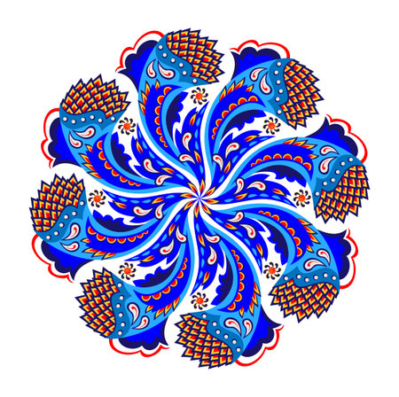 Round geometric mandala with ethnic motifs. Medallion with fantasy oriental ornament. Indian traditional pattern. Print for logo, icon, fabric, tattoo, embroidery, decoration.のイラスト素材