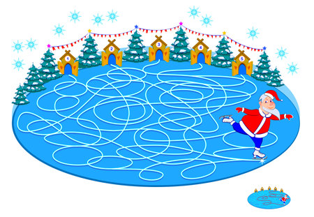 Logic puzzle game with labyrinth for children and adults. Winter maze with skating rink. Which gate does Santa Claus come out? Printable page for kids brain teaser book. IQ test. Play online.のイラスト素材