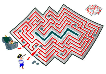 Logic puzzle game with labyrinth for children and adults. Help the pirate find the way to the treasure chest. Sheet for kids brain teaser book. IQ test with maze. Play online. Vector illustration.のイラスト素材