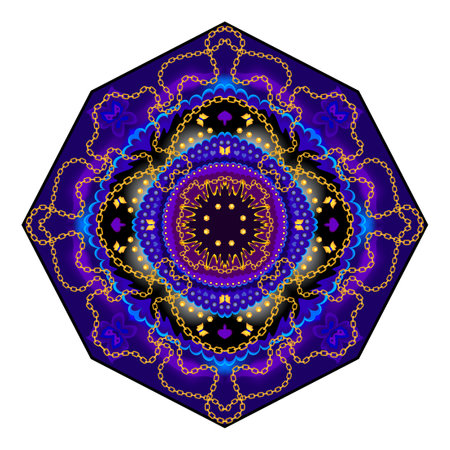 Luxury old war shield of ancient legend. Geometric mandala. Ethnic motifs. Fantasy oriental ornament with gold chain. Indian traditional pattern. Print for logo, fabric, embroidery, decoration.のイラスト素材
