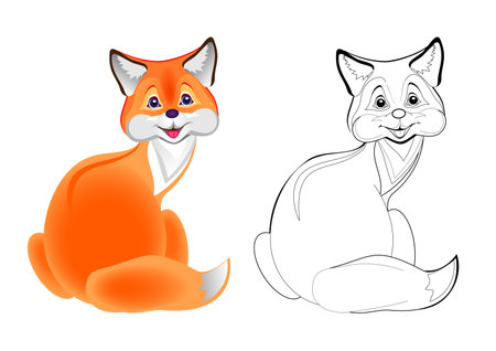 Colorful and black and white page for coloring book. Illustration of cute little fox. Printable worksheet for children exercise book. Online education. Flat cartoon vector. Animals for kids.のイラスト素材