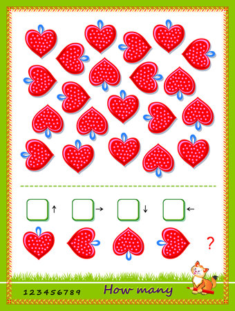 Mathematical education for children. Count quantity of hearts in each direction and write numbers. Developing kids counting and writing skills. Logic puzzle game for school textbook. Play online.のイラスト素材