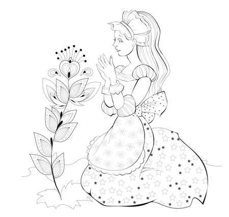 Black and white page for kids coloring book. Illustration of beautiful princess looking at blooming flower. Fantasy fairy playing in spring garden. Sheet for drawing and meditation for children.のイラスト素材
