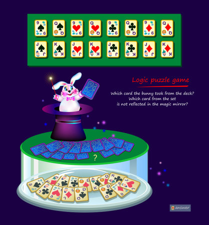 Logic puzzle game for children and adults. Which card the bunny took from deck? Which is not reflected in magic mirror? Page for kids brain teaser book. Developing spatial thinking. Play online.のイラスト素材
