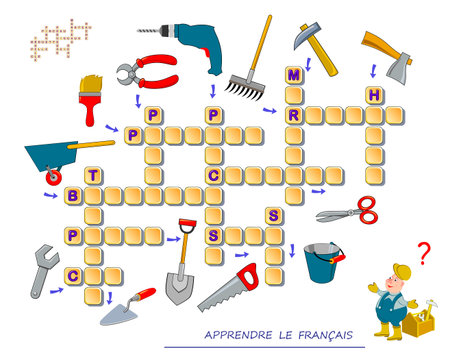 LEARN FRENCH. Crossword puzzle game with pictures. Working tools. Educational page for children to study French language and words. Printable worksheet for kids textbook. School exercise book.のイラスト素材