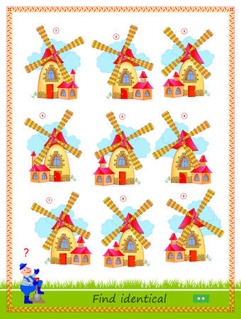 Logic puzzle game for children and adults. Find two identical windmills. Memory exercises for seniors. Printable page for kids brain teaser book. Developing spatial thinking. IQ test. Play online.のイラスト素材