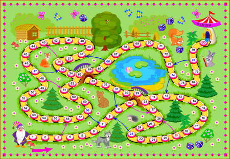 Board game for little children with a dice. Forest adventure. Printable page for baby book. Development kids skills for counting. Study numbers. Vector cartoon illustration. Play online.のイラスト素材