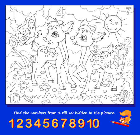 Math education for young children. Coloring book. Logic puzzle game. Find the numbers from 1 to 10 hidden in the picture and paint them. Developing counting skills. IQ test. Worksheet for kids.のイラスト素材