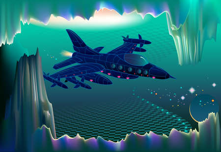 Fantastic flight of fabulous warship from the future in three-dimensional space. Military adventure on a distant alien planet. Futuristic fantasy landscape for science fiction. High tech technology.のイラスト素材