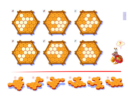 Logic game for smartest. Find the part that fell out of each honeycomb. Printable page for brain teaser book. 3D puzzle. Brain teaser book. IQ test. Play online. Developing spatial thinking skills.のイラスト素材