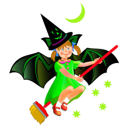 Drawing of little girl dreaming about presents in festive Halloween night. Image of fairy flying on broomstick. Book cover for children fairy tale. Print for kids party. Vector cartoon illustration.のイラスト素材