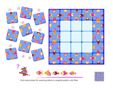 Logic puzzle game for children and adults. Find correct places for remaining details to complete pattern with fishes. Page for kids brain teaser book. Developing spatial thinking. Play online.のイラスト素材