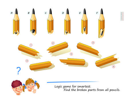 Logic game for smartest. Find the broken parts from all pencils. Printable page for brain teaser book. 3D puzzle. IQ test. Play online. Developing spatial thinking. Brainteaser. Flat vector.のイラスト素材