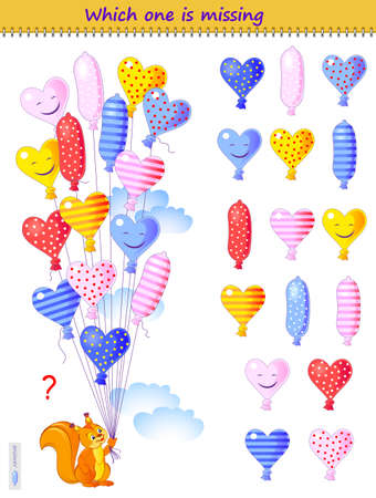 Logic puzzle game for children and adults. Which one of balloons is missing? Find the correct balloon. Memory exercises for seniors. Printable page for kids brain teaser book. IQ test. Play online.のイラスト素材