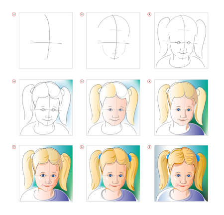 How to learn to draw sketch of cute little girl. Creation step by step watercolor painting. Educational page for artists. Textbook for developing artistic skills. Online education.のイラスト素材