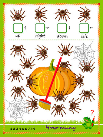 Mathematical education for kids. Count the quantity of spiders moving in each direction and write the numbers. Developing children counting skills. Logic puzzle game for school textbook. Play online.のイラスト素材