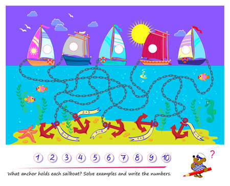 Mathematical exercise on addition and subtraction with maze for little children. What anchor holds each sailboat? Solve examples and write the numbers. Printable worksheet for kids school textbook.のイラスト素材