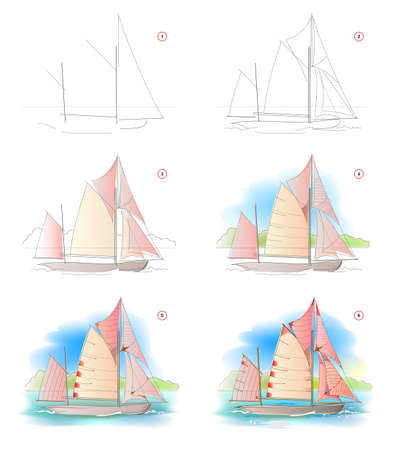 How to learn to draw sketch of swimming sailboat. Creation step by step watercolor painting. Educational page for artists. Textbook for developing artistic skills. Online education.のイラスト素材