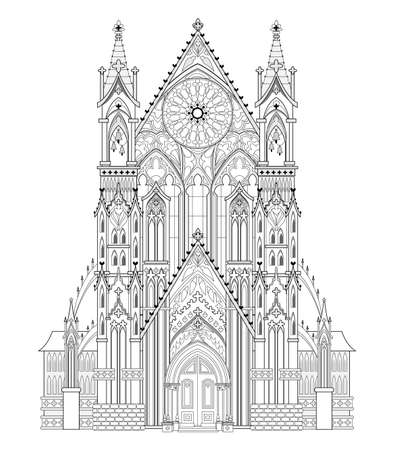 Fantasy drawing of Gothic castle. Medieval architecture in Western Europe. Black and white page for coloring book. Worksheet for children and adults. Vector illustration of Christian cathedral.のイラスト素材