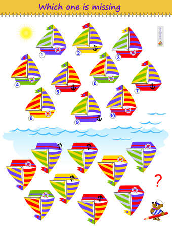 Find the reflection of each sailboat. Which one is missing? Logic puzzle game for children and adults. Printable page for kids brain teaser book. IQ test. Play online. Memory training for seniors.のイラスト素材