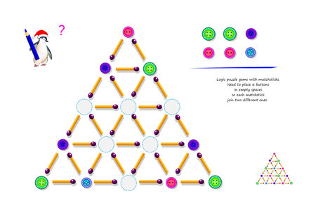 Logic puzzle game with matchsticks. Need to place 6 buttons in empty spaces so each matchstick join...