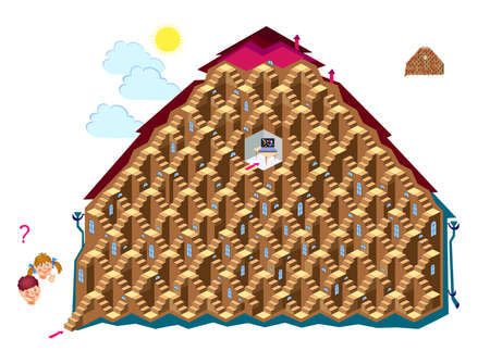Logic puzzle game with 3d labyrinth. Help the children find the way to the computer room. Worksheet for brain teaser book. Play online. Maze for kids. Flat cartoon vector illustration.のイラスト素材