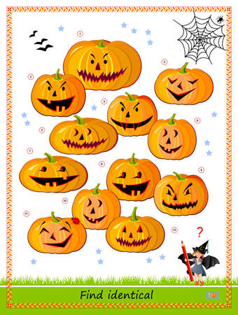 Logic puzzle game for children and adults. Find two identical pumpkins. Memory exercises for seniors. Page for kids brain teaser book. Developing spatial thinking. IQ test. Play online. Vector image.のイラスト素材
