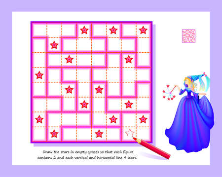Logic Sudoku puzzle for smartest. Draw the stars in empty spaces so that each figure contains 2 and each vertical and horizontal line 4 stars. Educational game. Brain teaser book. Play online.のイラスト素材