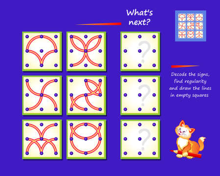 Logic puzzle game for smartest. What's next? Decode the signs, find regularity and draw the lines in empty squares. Page for brain teaser book. Play online. Developing spatial thinking skills.のイラスト素材