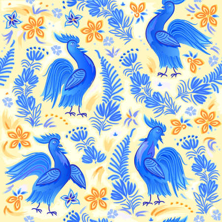 Rich decorated seamless pattern. Fantastic ornament with French folk painted cock. Floral motifs. Ethnic print for fabric, wallpaper and textile. Beautiful ornate background. Vector illustration.のイラスト素材