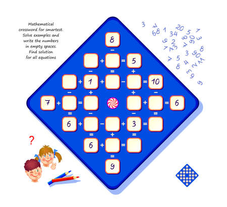 Mathematical crossword for smartest. Logic puzzle game for children and adults. Solve examples and write the numbers. Find solution for all equations. Brain teaser book. Developing counting skills.のイラスト素材