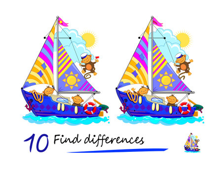 Find 10 differences. Illustration of funny monkeys in sailing. Logic puzzle game for children and adults. Page for kids brain teaser book. Developing counting skills. IQ test. Play online.のイラスト素材