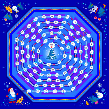 Board game for little children with a dice. Winter forest adventure. Printable page for baby book. Developing counting skills. Study numbers. Vector cartoon illustration for kids. Play online.のイラスト素材