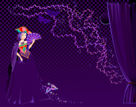 Poster for the Venetian carnival. Beautiful girl in an elegant medieval costume. Illustration of a fabulous festive masquerade night. Print for festival background, wallpaper, banner or design.のイラスト素材