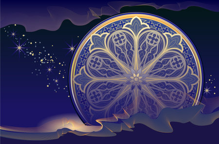 Fantasy abstract background with magic sign. Dark blue night sky illustration with gold effects. Print for greeting card, poster, wallpaper, invitation, decoration. Vector image.のイラスト素材