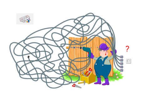 Logic puzzle game with labyrinth for children and adults. Help the worker charge the drill. Find the right wire. Kids brain teaser book with maze. Play online. Flat cartoon illustration.のイラスト素材