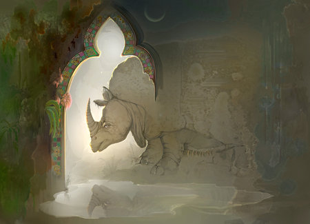 Reflection. Watercolor style. Digital painting. Modern art mural wallpaper. Surrealistic illustration of rhinoceros. Beautiful background. Design for interior, photo wallpaper, greeting card, poster.の写真素材