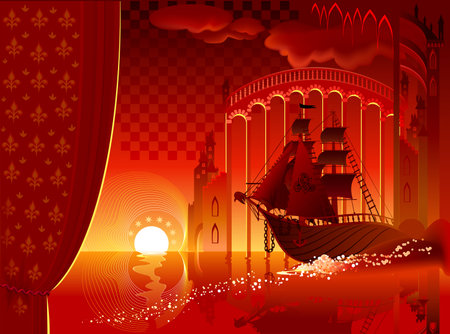 Abstract background for fairy tale decoration. Fantasy red sailboat is traveling imaginary kingdom. Prints greeting card, poster, wallpaper, invitation, theater performance. Vector image for kids.のイラスト素材