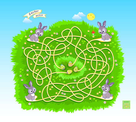 Logic puzzle game with labyrinth for children and adults. Easter maze. Kids brain teaser book. Help the rabbits find their eggs. Educational page. Play online. Vector illustration.のイラスト素材
