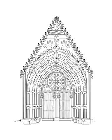 Drawing of ancient gothic portal. Entrance to the medieval Catholic cathedral. Black and white page for coloring book. Christian churches in France. Western Europe architecture. Vector illustration.のイラスト素材