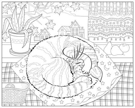 Cute cat sleeping on a pillow in warm room near window. Coloring book for children and adults. Illustration in zen-tangle style. Printable page for drawing and meditation. black and white vector.のイラスト素材