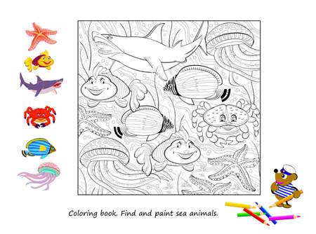 Educational page for little children. Logic puzzle game. Coloring book. Find and paint sea animals. Printable template with exercise for kids. activity sheet. cartoon vector illustration.のイラスト素材