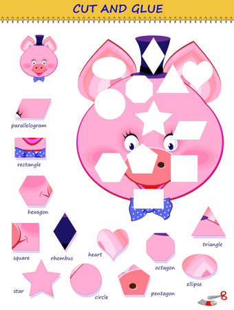 Educational page for little children. Use a scissors to cut and glue the piglet. Learn geometric figures. Printable template with exercise for kids. Logic puzzle game. cutting and handwork skills.のイラスト素材