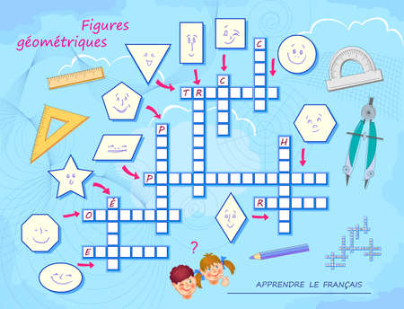 GEOMETRIC FIGURES. Crossword puzzle game with pictures. LEARN FRENCH. Educational page for children to study French language and words. Worksheet for kids textbook. School exercise book. vector image.のイラスト素材