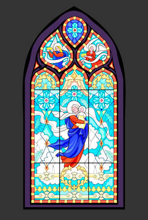 Beautiful colorful medieval stained glass window. Gothic architectural style. Image of angels and Madonna and Child. Architecture in France churches. Middle ages in Western Europe. vector drawing.のイラスト素材